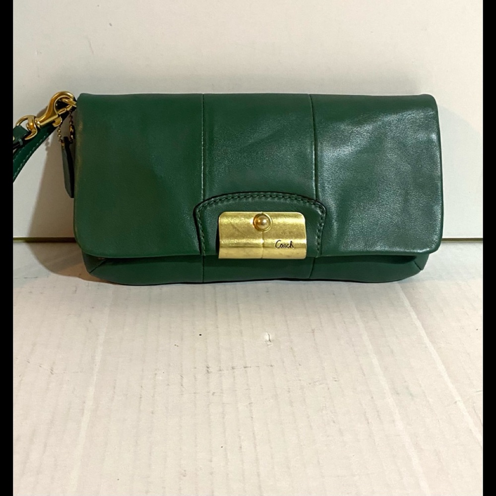 Coach green leather wristlet bag